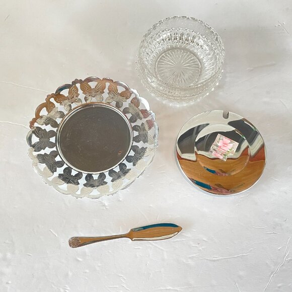 Vintage Glass Butter Dish Jam Jar Sugar Bowl w Lid Tray & Spreader Chrome Plated - Picture 7 of 11